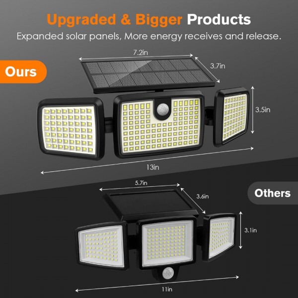 Aootek Solar Lights Outdoor, Quick Charge 3 Head Solar Motion Lights Outdoor with 2500LM 232 LEDs High Brightness, Larger Built-in Tempered Glass Solar Panel, Sensitive PIR Motion Inductor (2-Pack)