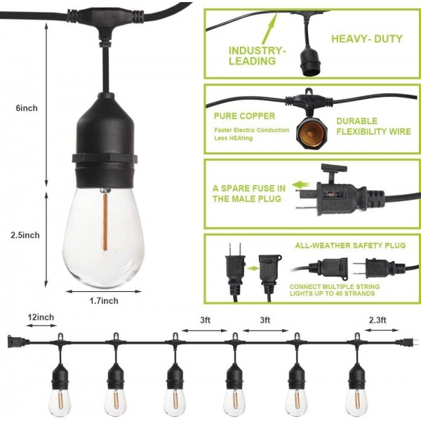 Aootek 27ft Outdoor String Lights with 16 1W Shatterproof Bulbs and Commercial Grade Weatherproof Strand - UL Listed Heavy-Duty Decorative LED for Patio，Backyard，Porch，Garden