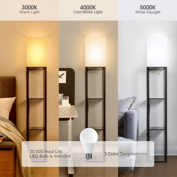 Floor Lamp with Shelves - Modern Solid Wood Standing lamp Clearance with Lamp Shade and Adjustable 3 Colors LED Bulb