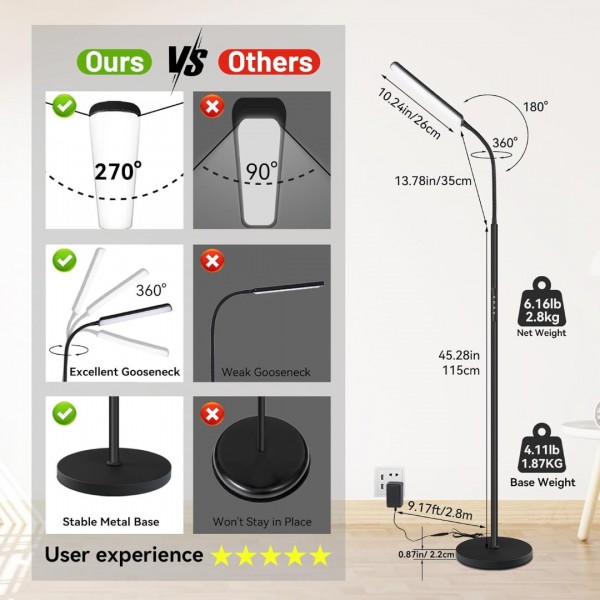 Aootek LED Floor Lamp, 15W Super Bright RGB Corner Lamp, 3000K-6500K 4 Color Temps Dimmable Floor Lamp, Remote & Touch Control, 1 Hour Timer, Adjustable Gooseneck Standing Lamp for Living Room Home