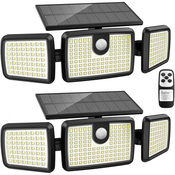 Aootek Solar Lights Outdoor, Quick Charge 3 Head Solar Motion Lights Outdoor with 2500LM 232 LEDs High Brightness, Larger Built-in Tempered Glass Solar Panel, Sensitive PIR Motion Inductor (2-Pack)