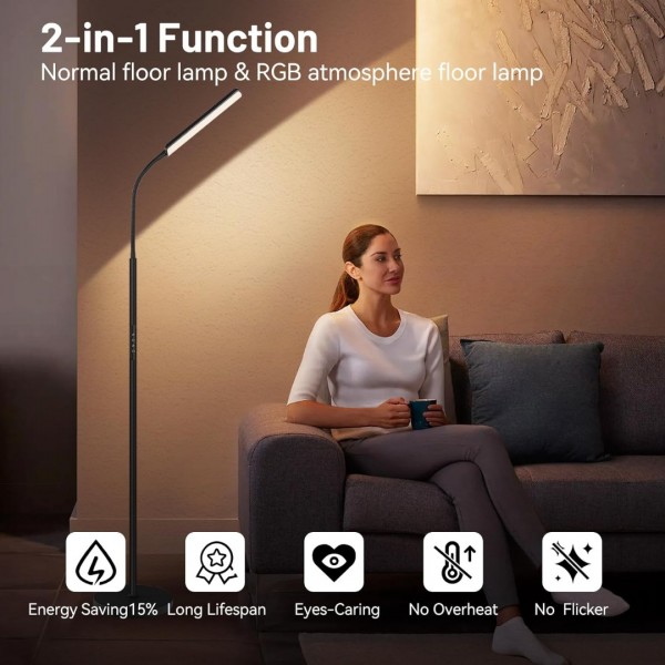 Aootek LED Floor Lamp, 15W Super Bright RGB Corner Lamp, 3000K-6500K 4 Color Temps Dimmable Floor Lamp, Remote & Touch Control, 1 Hour Timer, Adjustable Gooseneck Standing Lamp for Living Room Home