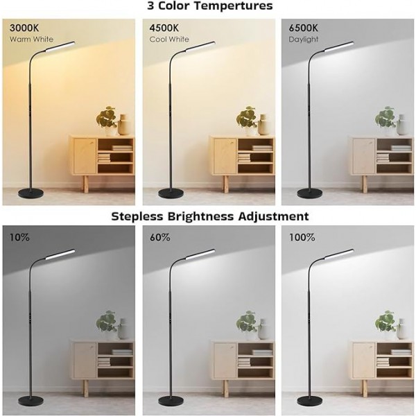 Aootek LED Floor Lamp, Bright 15W Floor Lamps for Living Room with 1H Timer, Stepless Adjustable 3000K-6000K Colors & Brightness Standing Lamp with Remote & Touch Control Reading Floor Lamps