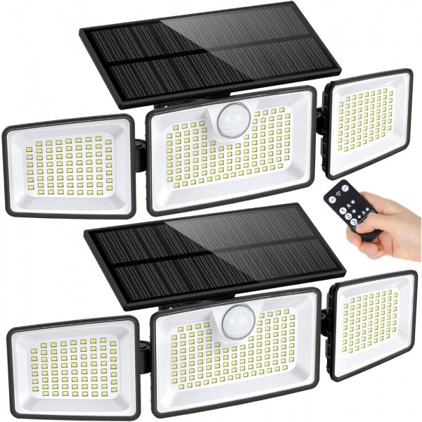 Aootek Solar Lights Outdoor, 2500LM 252LEDs Solar Motion Lights Outside, 3 Head 355° Wide Angle Street Area Lights, IP67 Waterproof Spot Lights with 7.9 * 3.5in Tempered Glass Solar Panel(2 Pack)