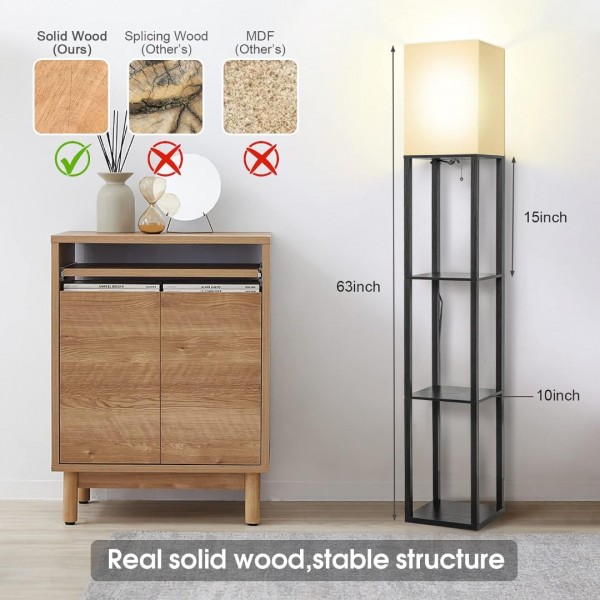 Floor Lamp with Shelves - Modern Solid Wood Standing lamp Clearance with Lamp Shade and Adjustable 3 Colors LED Bulb