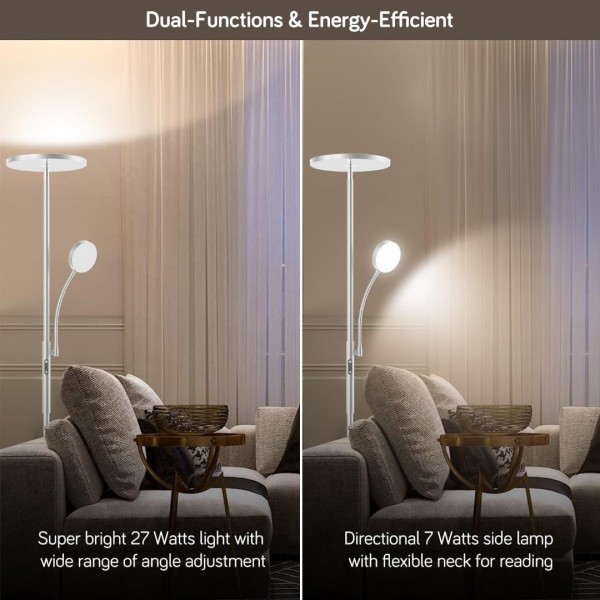 Aootek Floor Lamp LED Floor Lamps for Living Room Bright Lighting, 27W/2000LM Main Light and 7W/350LM Side Reading Lamp, Adjustable 3 Colors Tall Lamp with Remote & Touch Control, White