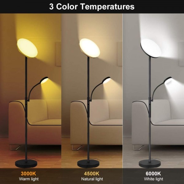 Aootek Floor Lamp LED Floor Lamps for Living Room Bright Lighting, 27W/2000LM Main Light and 7W/350LM Side Reading Lamp, Adjustable 3 Colors Tall Lamp with Remote & Touch Control